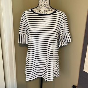 Ladies white navy stripe top with bell short sleeve, easy fit, size Large